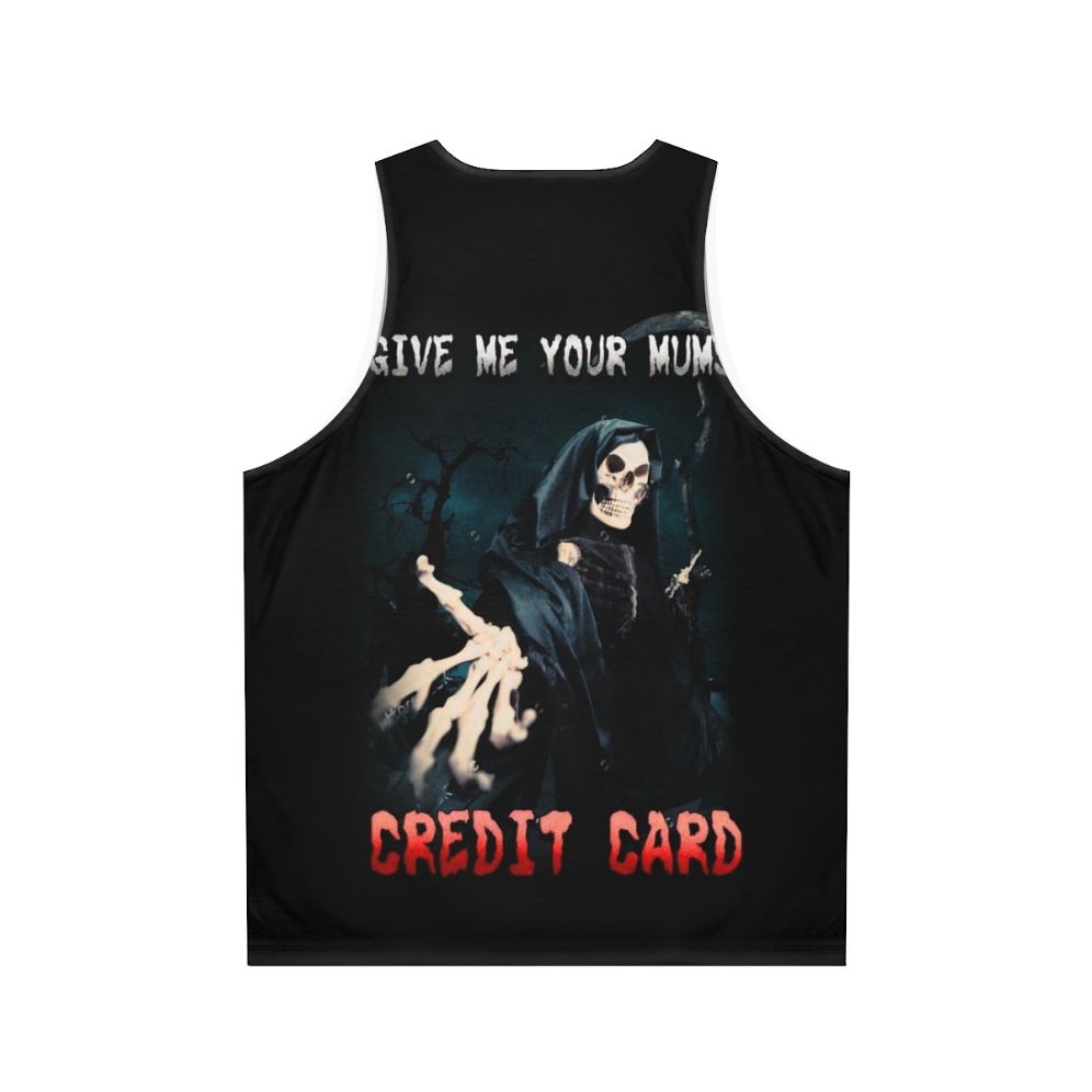 Humorous unisex tank top with credit card joke - Back