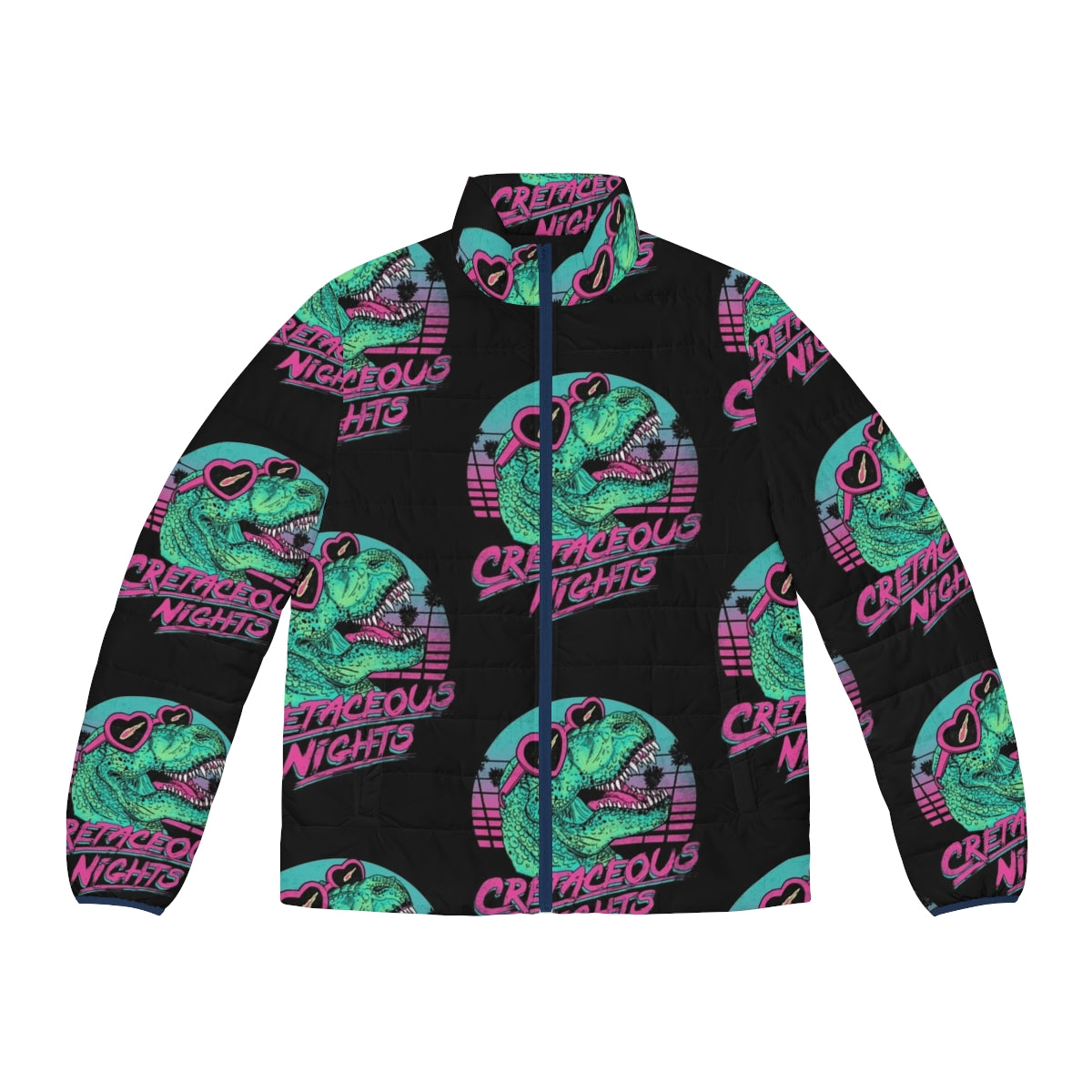 Cretaceous Puffer Jacket featuring a tyrannosaurus design in retro 80s style