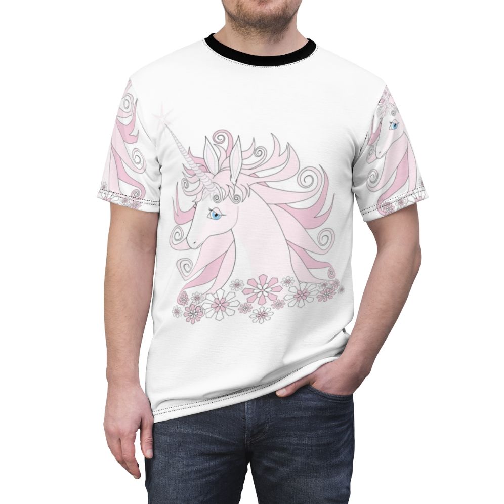 A whimsical t-shirt featuring a beautiful pink unicorn in a fantasy landscape - men front