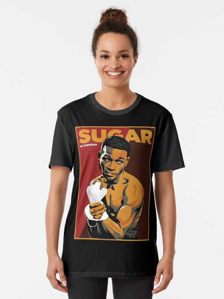 Sugar Ray Robinson, one of the greatest boxers of all time, featured on a graphic t-shirt design. - Women