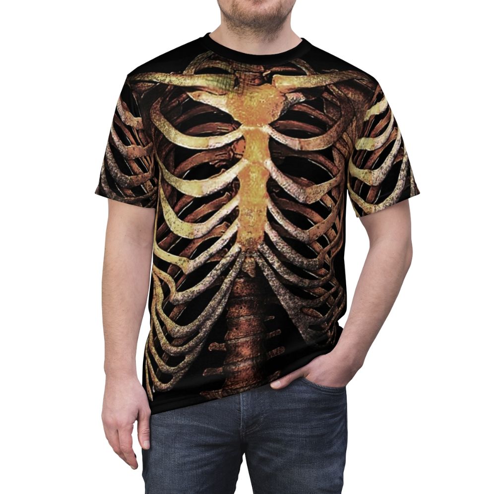 Model wearing a Rib Cage T-shirt featuring a skeleton design - men front