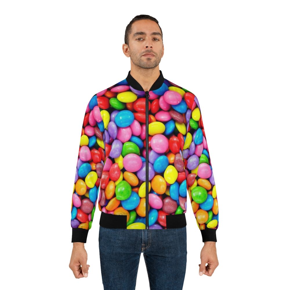 Colorful and vibrant bomber jacket with a rainbow and candy print design - Lifestyle