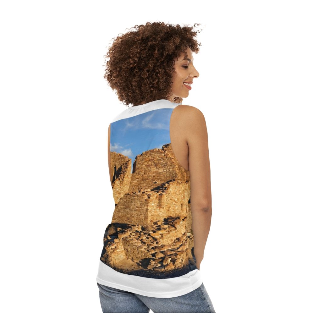 Anasazi Masonry Unisex Tank Top with Chaco Canyon Prehistoric Design - women back