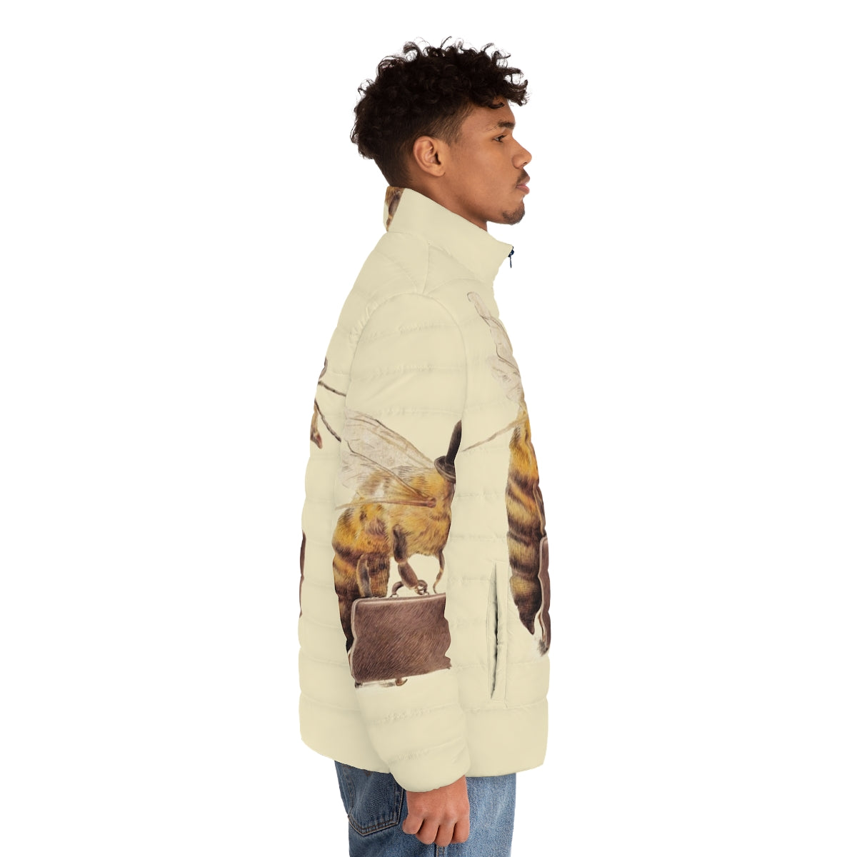 Worker Bee Puffer Jacket with Funny, Cute Vintage-Inspired Insect Office Wear Graphics - men side right