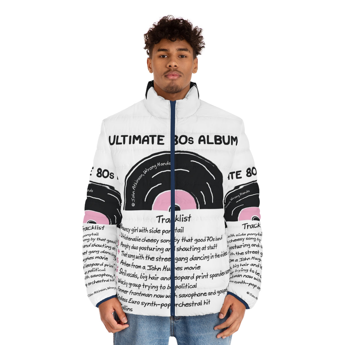 Puffer jacket featuring a retro 80s album cover design - men front