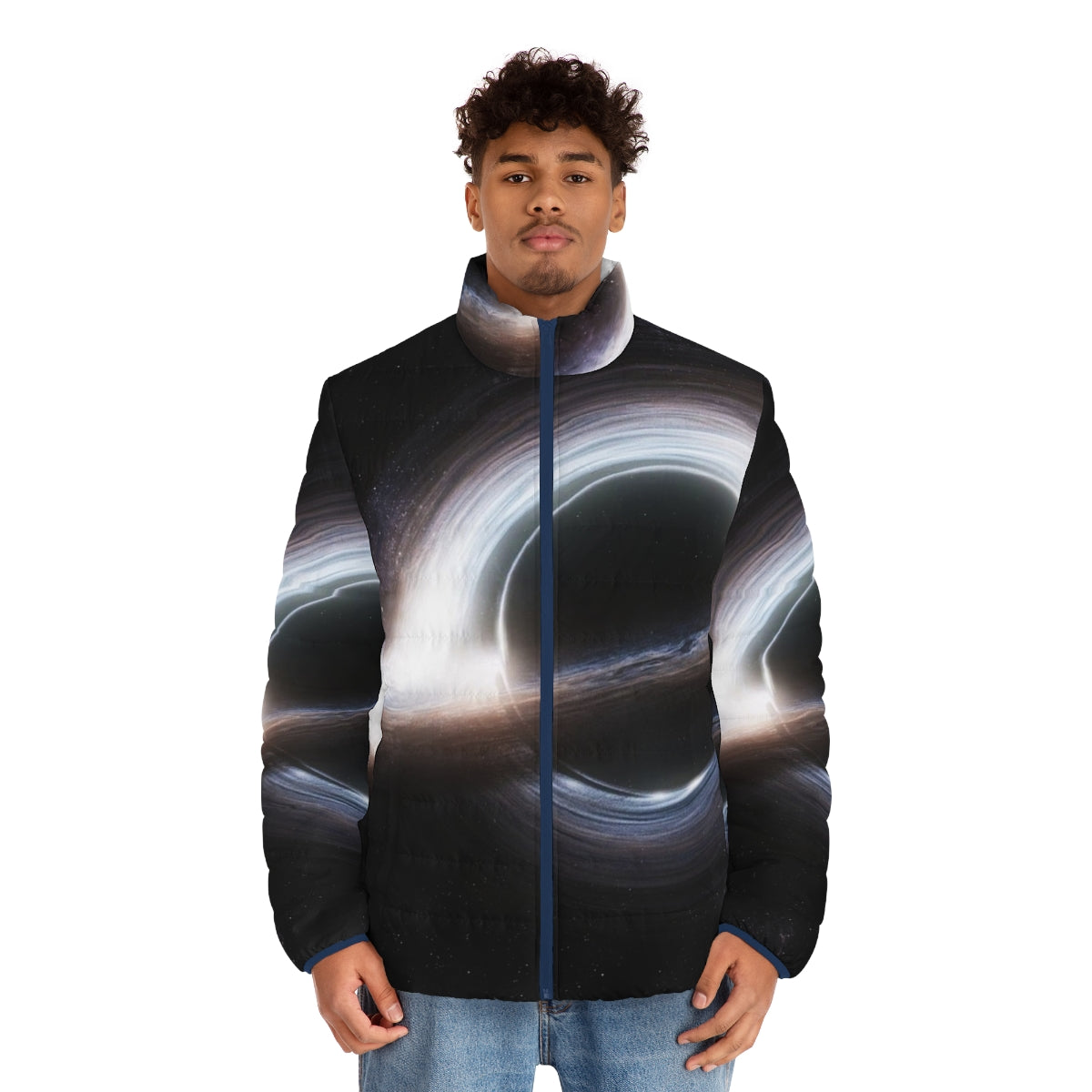 Gargantua space-themed puffer jacket with black hole and galaxy design - men front