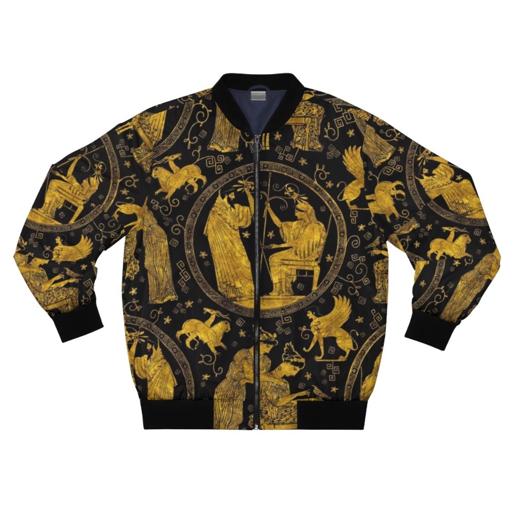 Greek art inspired bomber jacket with mythological patterns and gold accents