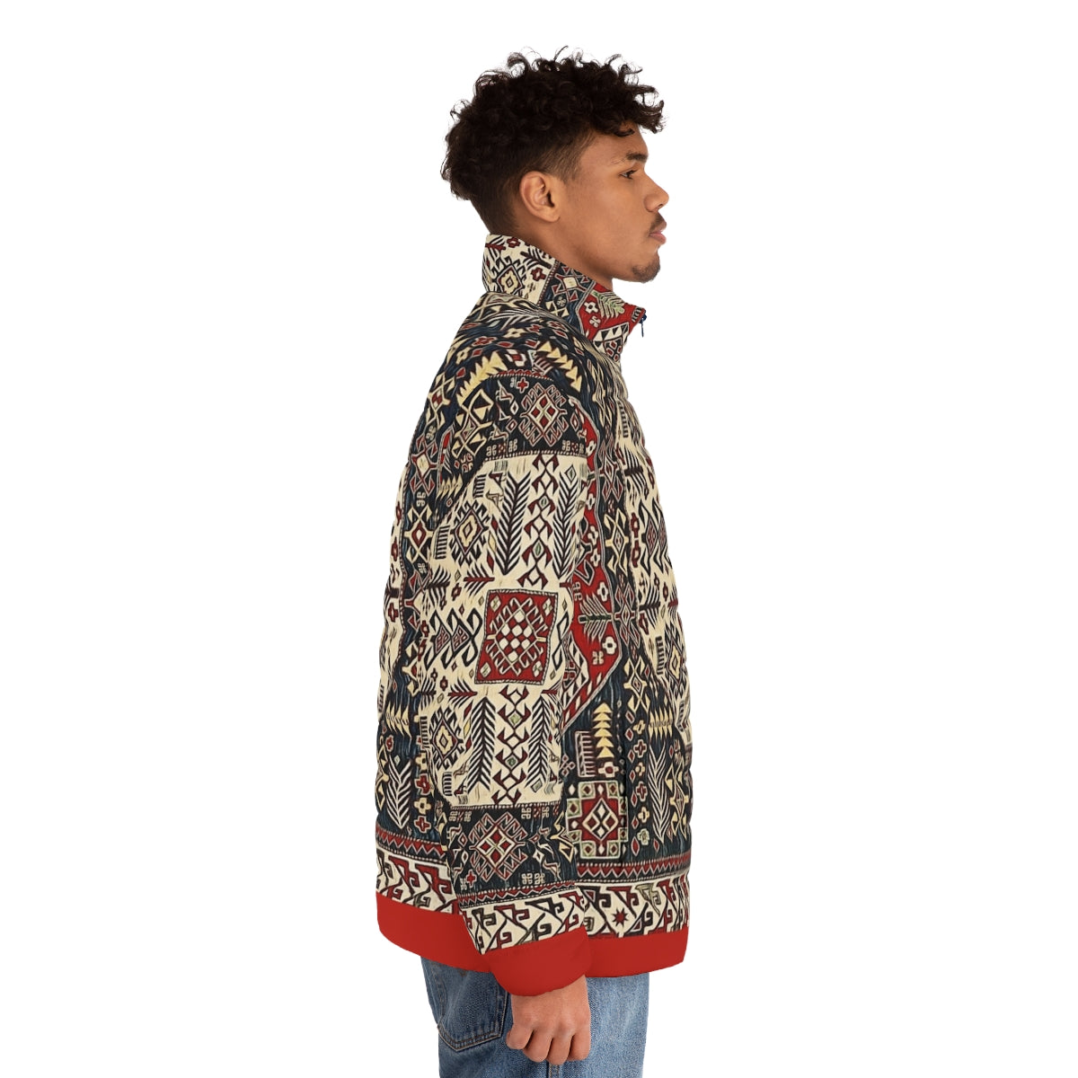 Armenian Folk Art 8 Puffer Jacket featuring traditional Armenian floral design and forget me not flowers - men side right