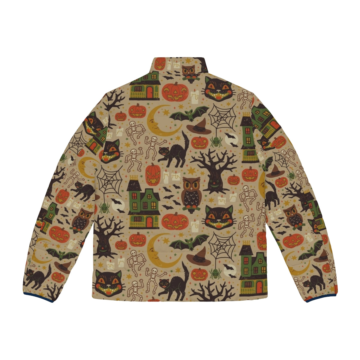 Vintage Halloween-themed puffer jacket with black cats, owls, and other spooky design elements - Back