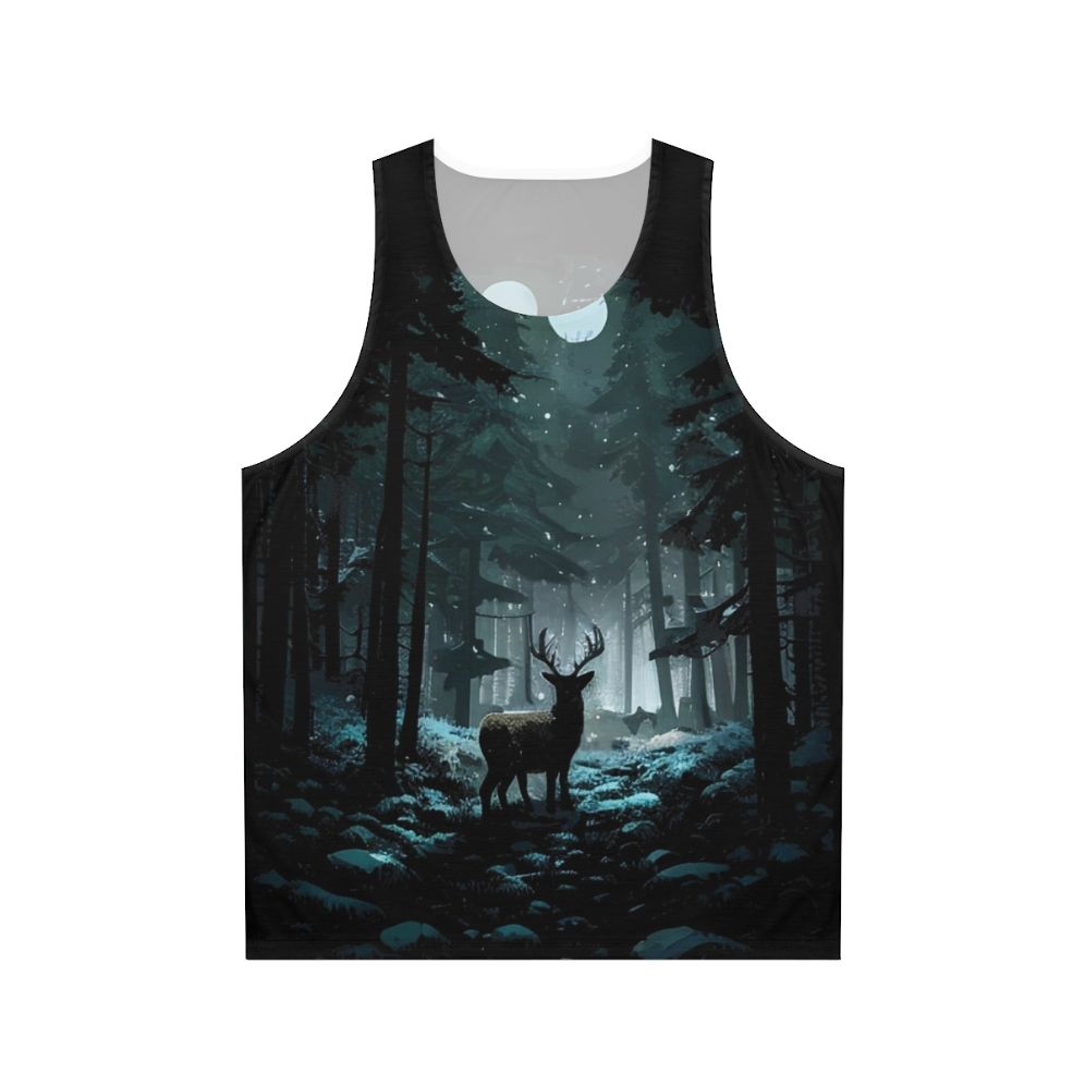 Unisex tank top featuring a winter woods landscape with a deer and the moon