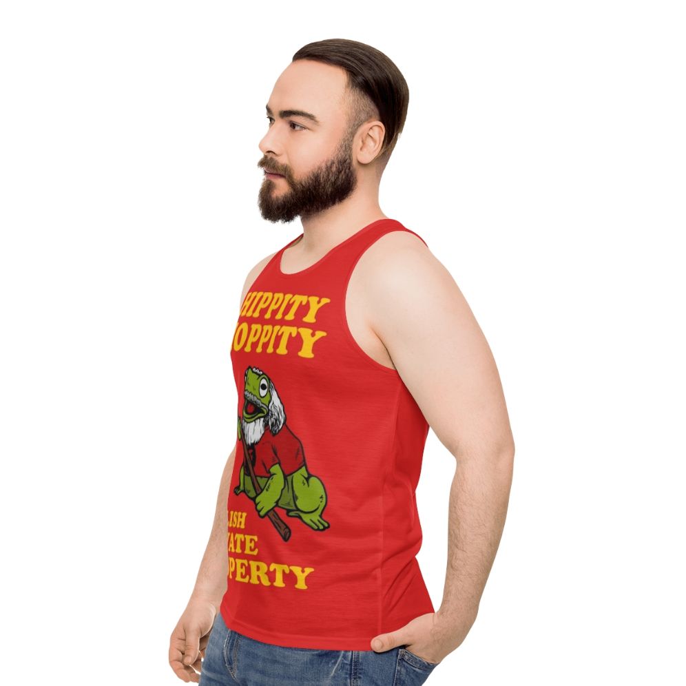 Unisex tank top with "Hippity Hoppity Abolish Private Property" design - men side