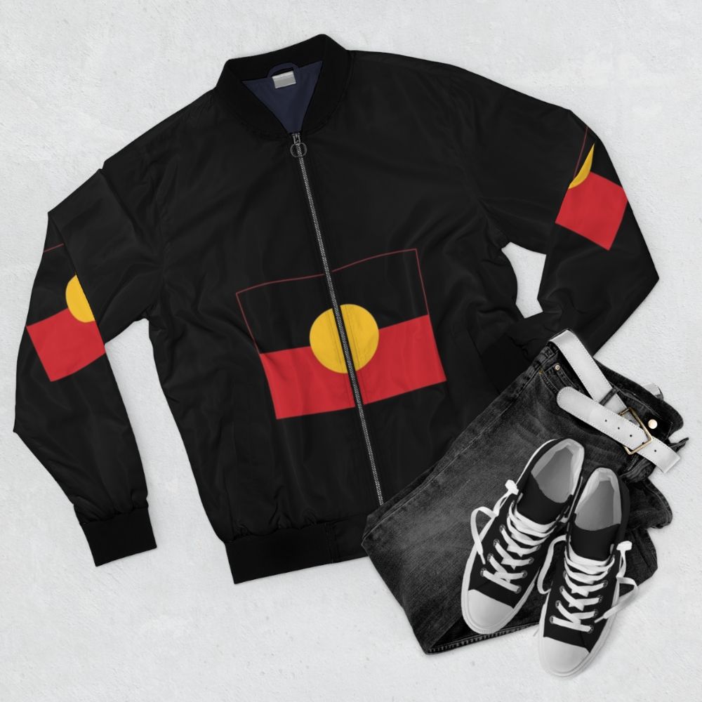 Aboriginal flag design bomber jacket for indigenous Australians - Flat lay