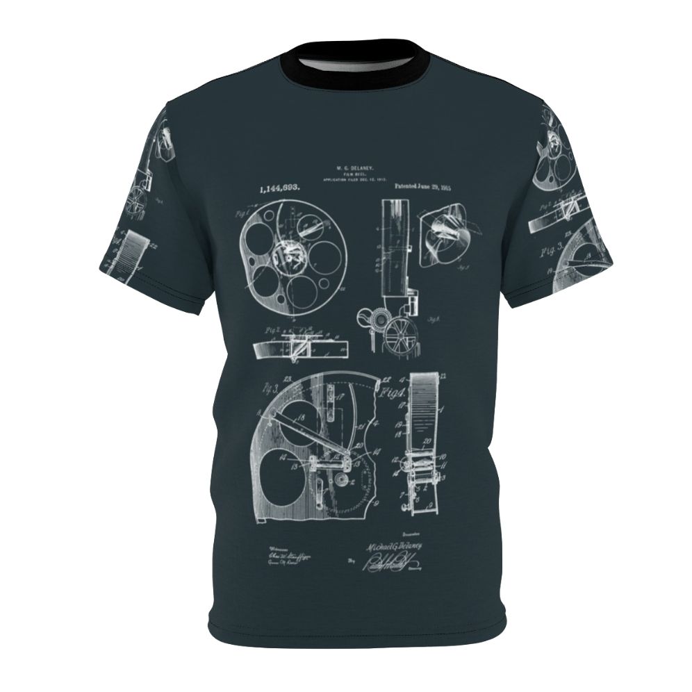 Vintage film reel patent drawings t-shirt for movie camera operators and filmmakers