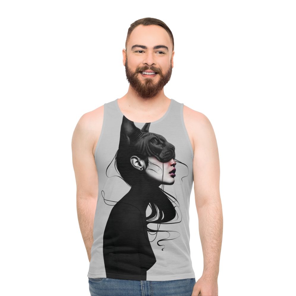 Unisex tank top featuring a black and white portrait - men