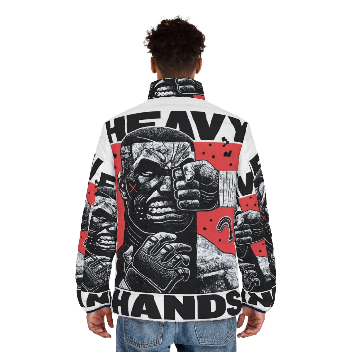 Heavy hands graphic puffer jacket with boxing and MMA design - men back