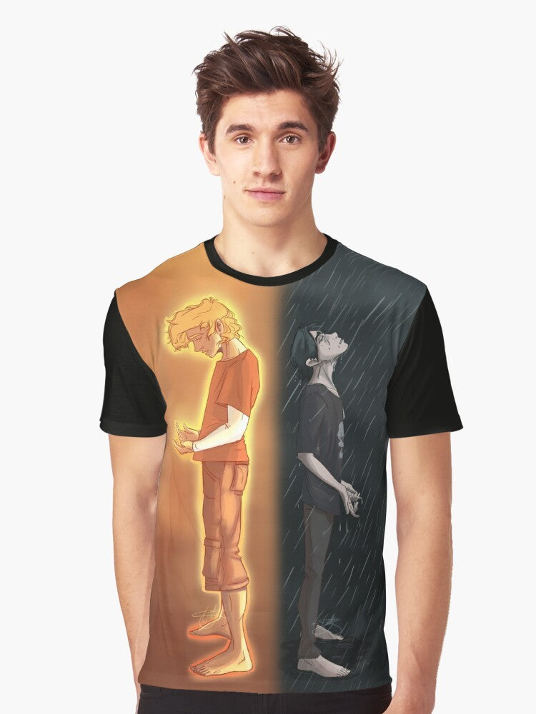 Graphic tee featuring Nico di Angelo and Will Solace from the Percy Jackson universe, with a sun and rain design. - Men