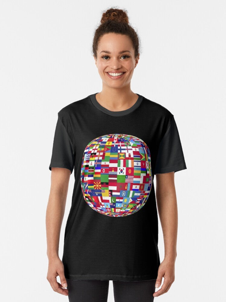 A graphic t-shirt featuring a one globe design representing global unity and world peace. - Women