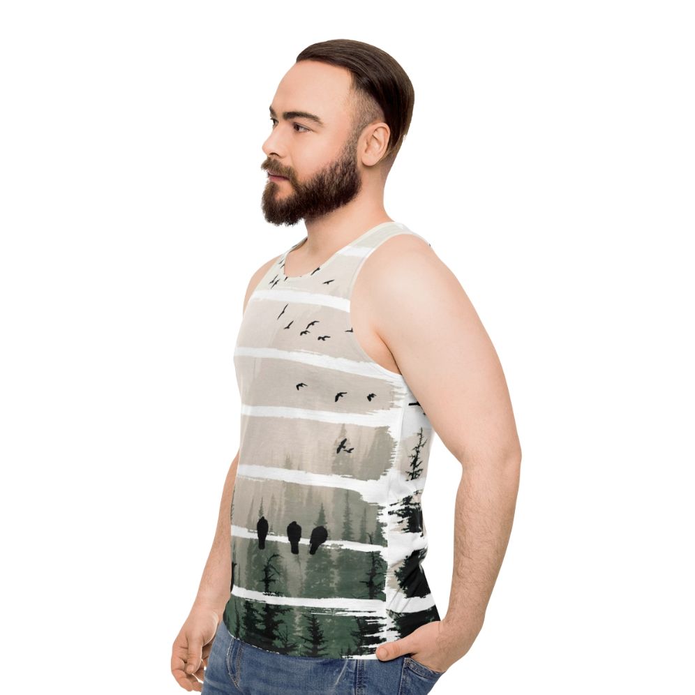 Unisex tank top with birds watching birds at sunset - men side