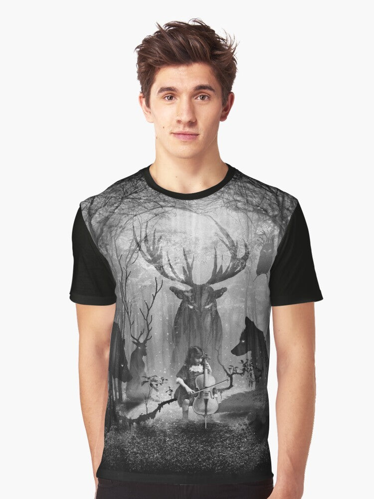 Magical forest scene with cello, fox, wolf, and deer graphic on a t-shirt - Men