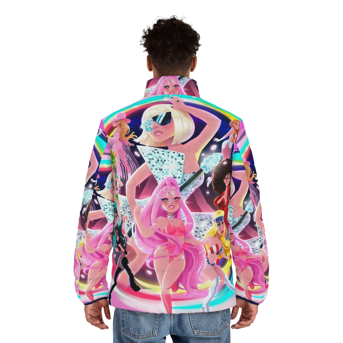 Anniversary puffer jacket with pink and heart design - men back