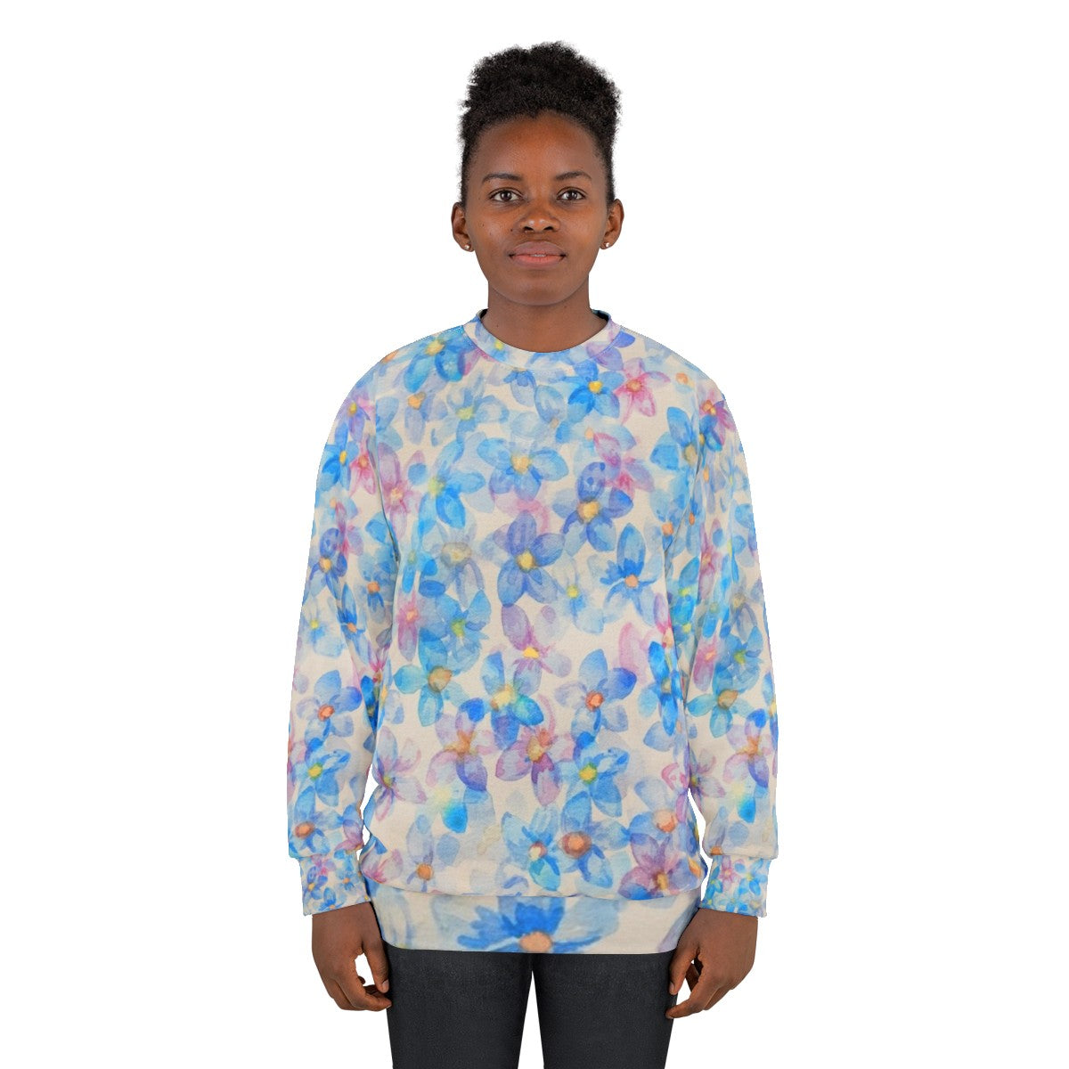 Blue watercolor flower buds painting on sweatshirt - women