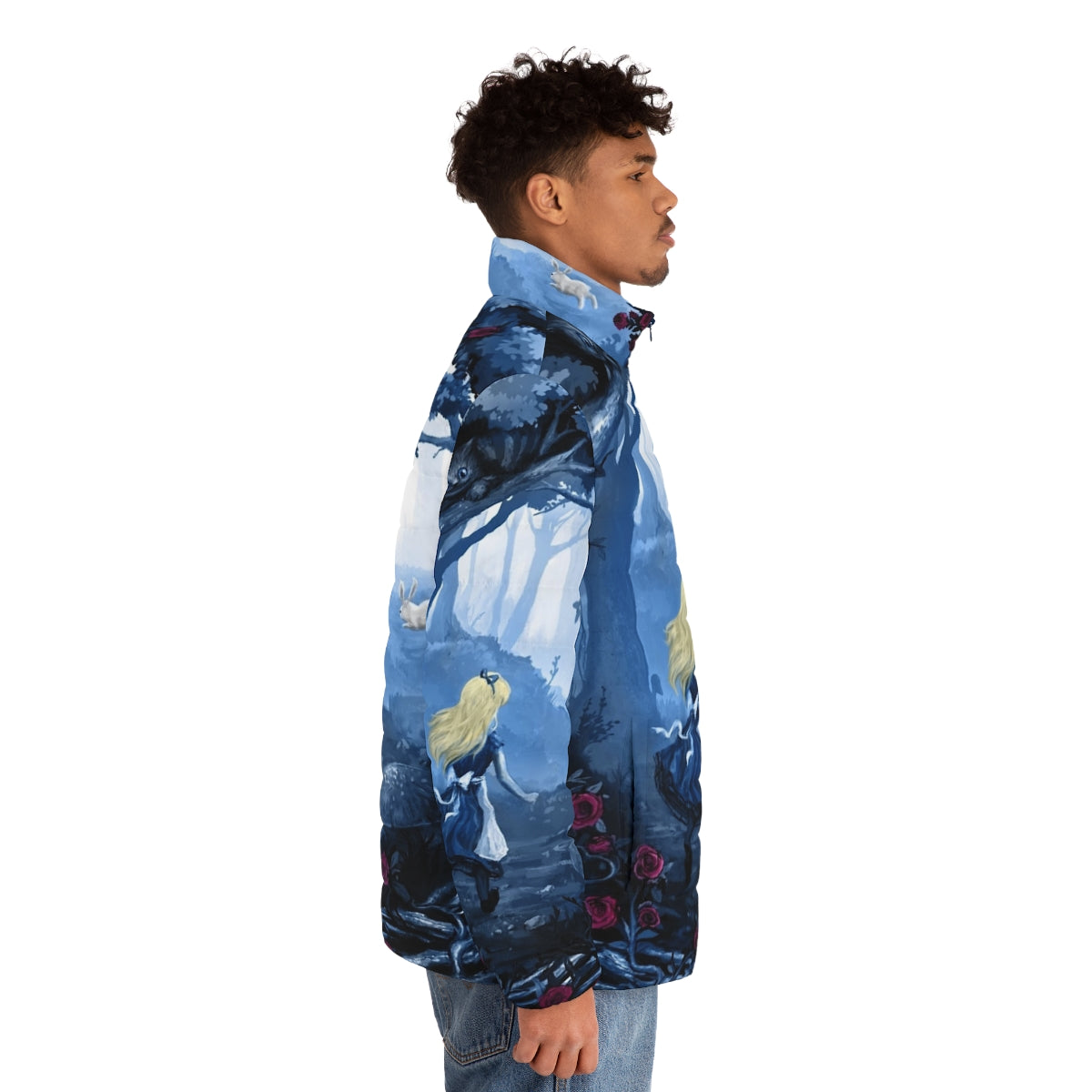 "Follow The Rabbit" puffer jacket featuring Alice in Wonderland inspired fantasy elements - men side right