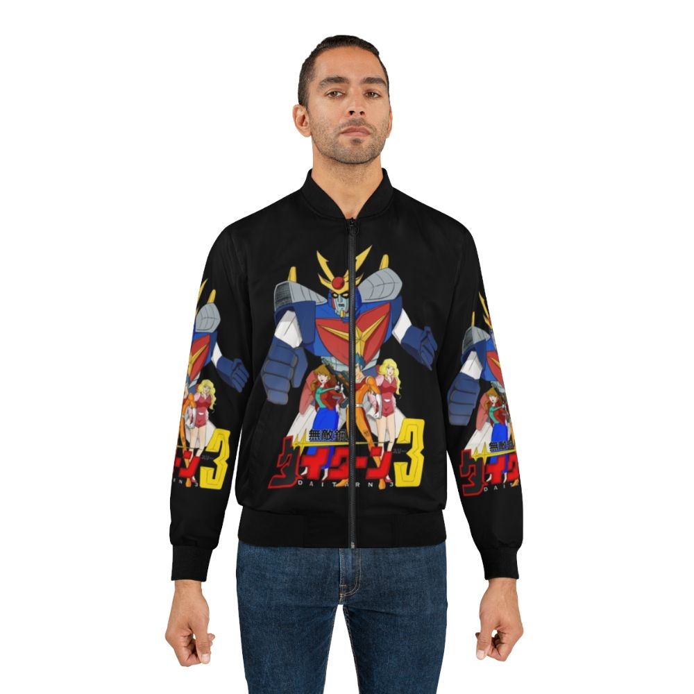 Daitarn 3 vintage anime mecha-inspired bomber jacket featuring the iconic robot in an action pose with the team. - Lifestyle