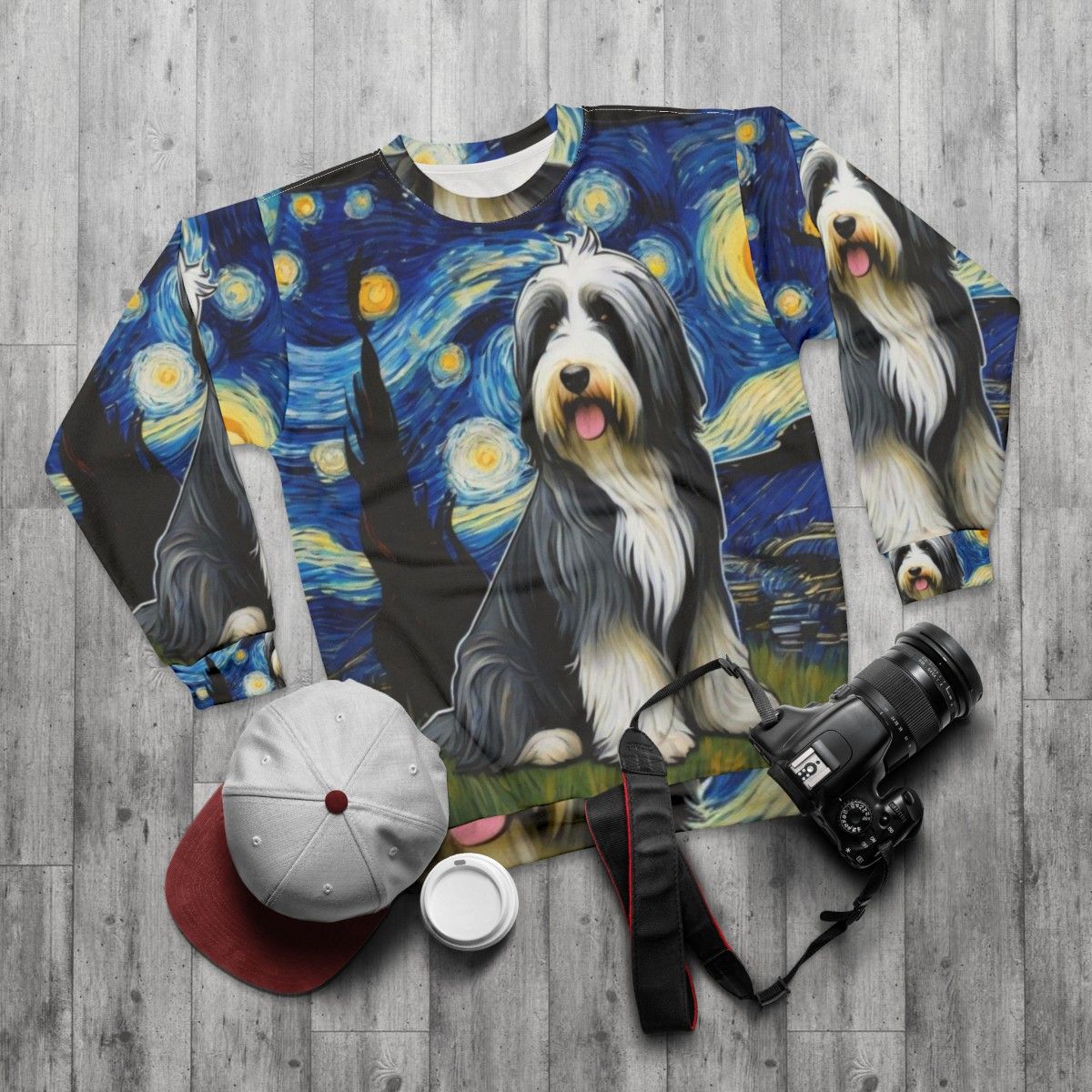 Bearded collie dog in starry night sweatshirt - flat lay