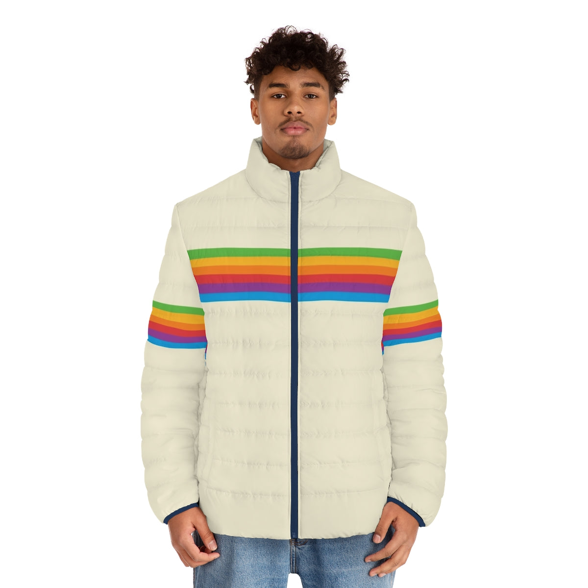 Retro colorful puffer jacket with an Apple rainbow design - men front