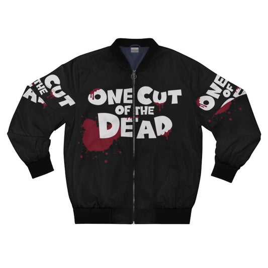 One Cut of the Dead horror comedy themed bomber jacket in black, white, and red colors