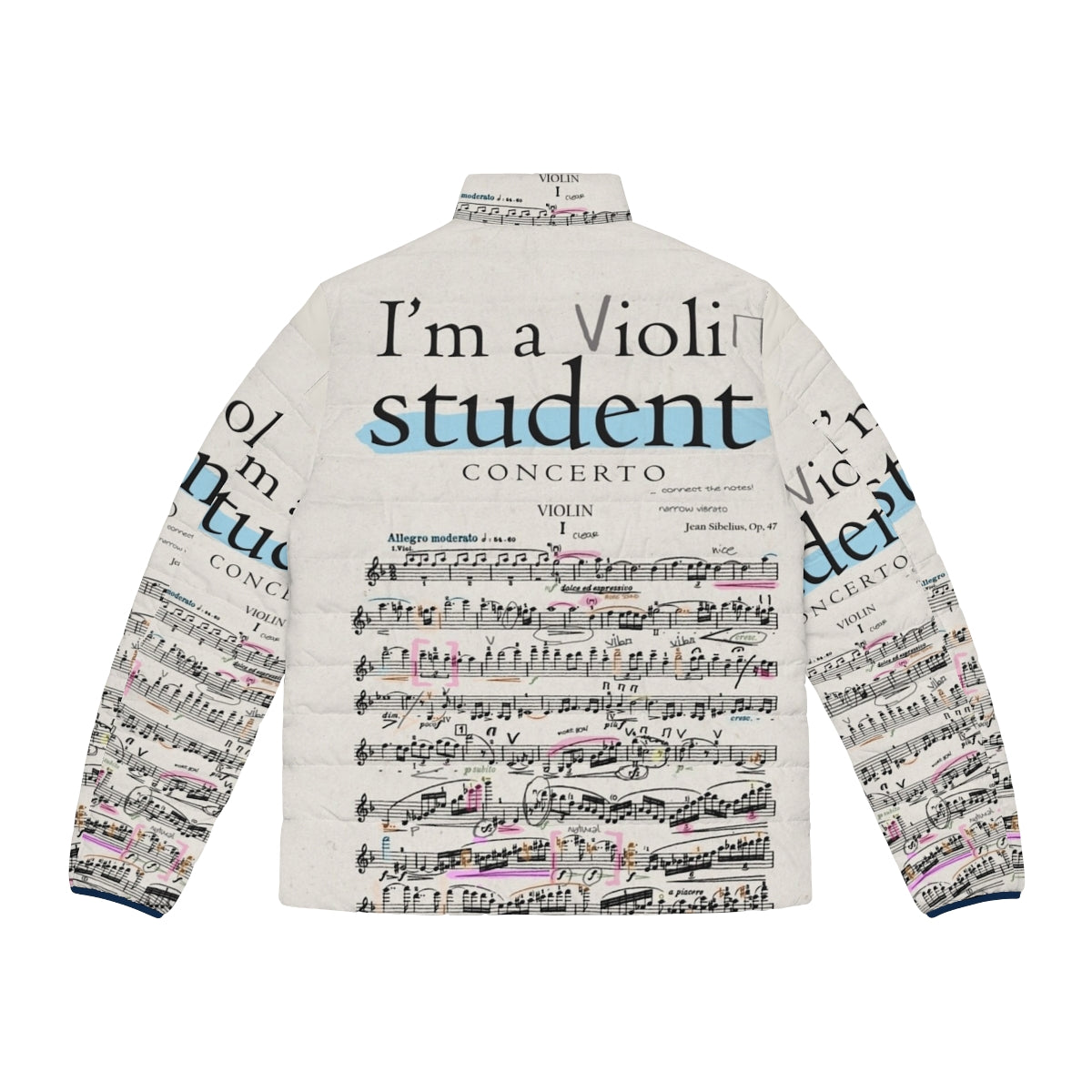 Violin student puffer jacket with musical notes and accessories - Back