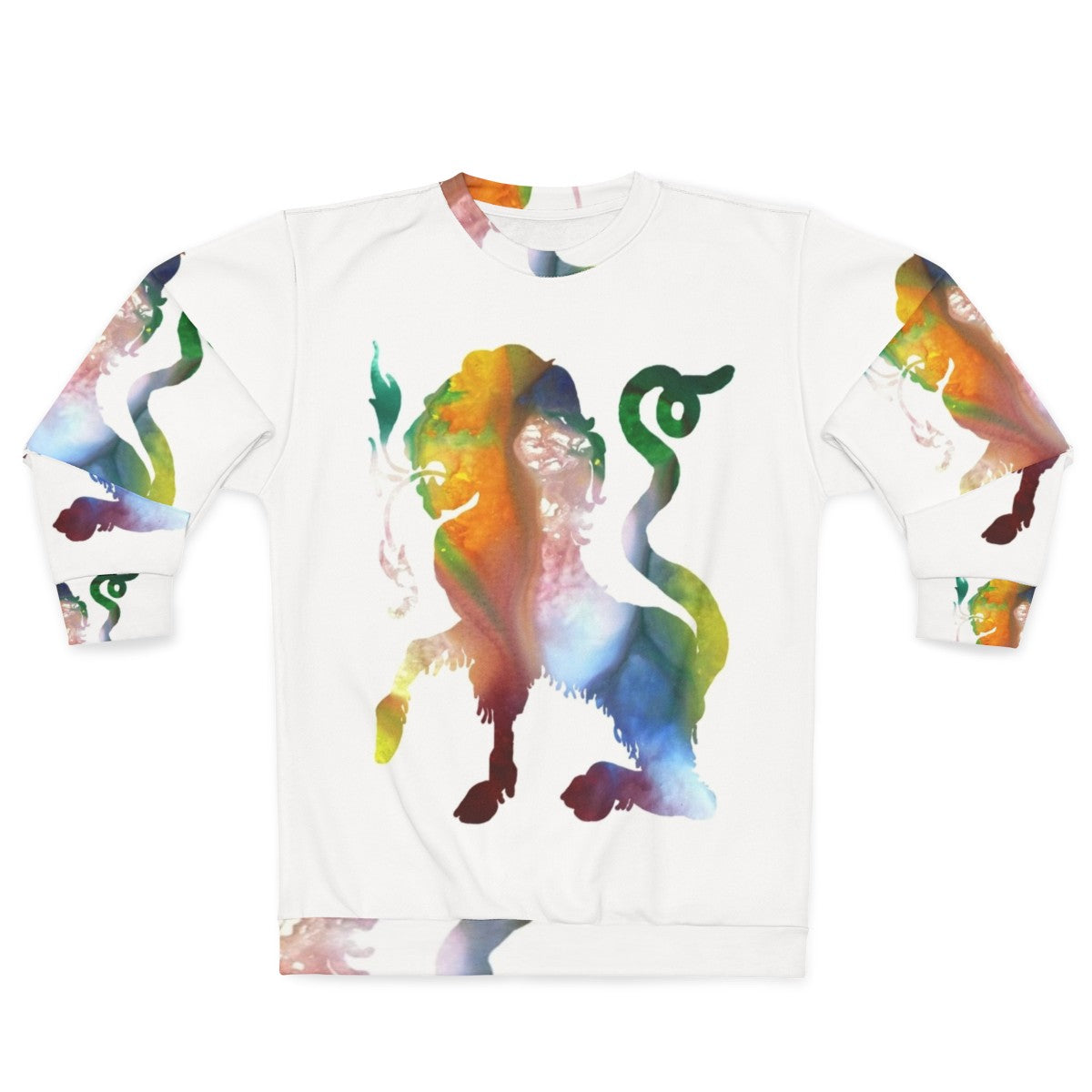 Watercolor illustration of a colorful chimera, a mythical Greek creature, on a sweatshirt