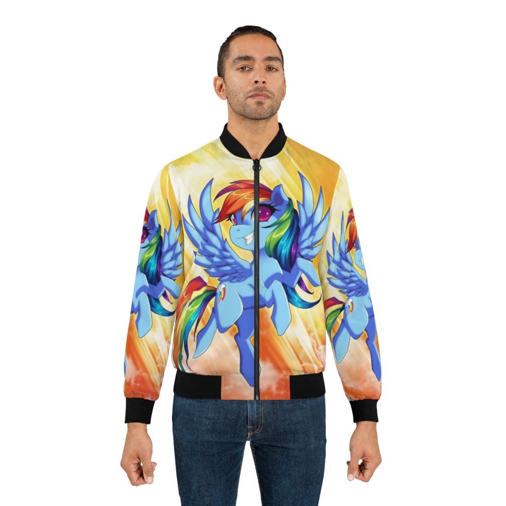 A black bomber jacket with a colorful Rainbow Dash design, inspired by the My Little Pony character. - Lifestyle