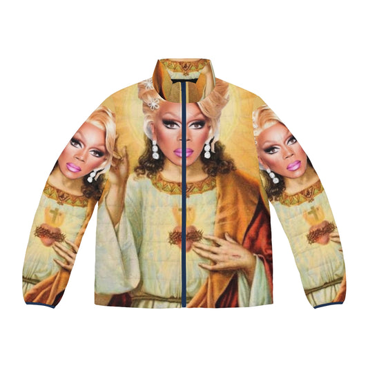 Drag Jesus Puffer Jacket featuring a collage design of drag queen imagery and religious iconography