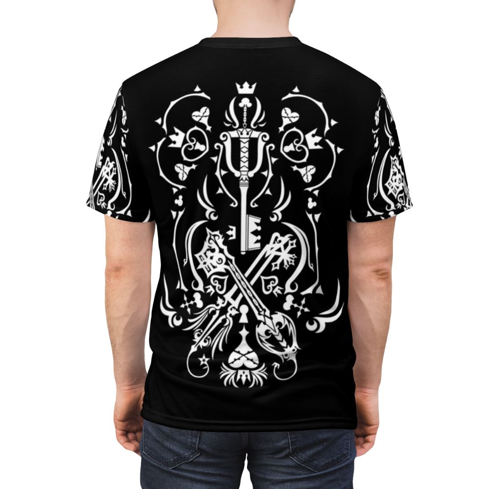 Black all-over-print t-shirt featuring Kingdom Hearts inspired design for anime and video game fans - men back