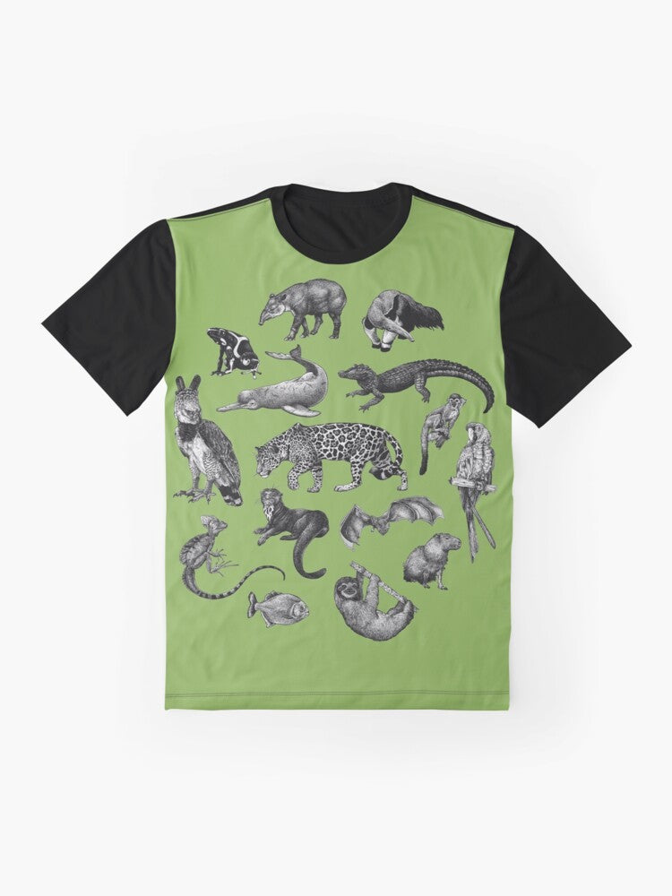 Graphic t-shirt design featuring illustrations of diverse Amazon rainforest wildlife including mammals, reptiles, amphibians, and birds. - Flat lay