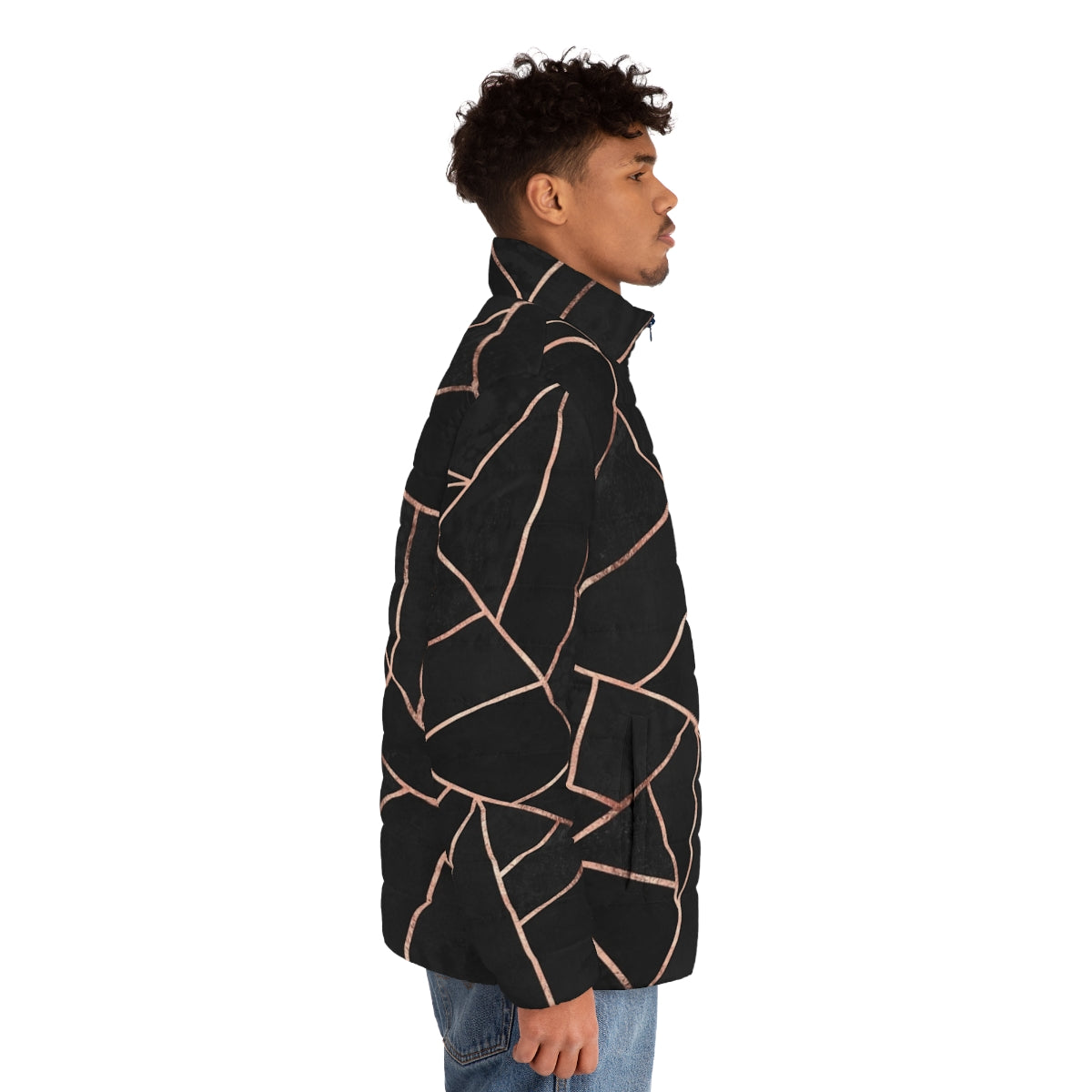 Black and rose gold puffer jacket with abstract geometric design - men side right