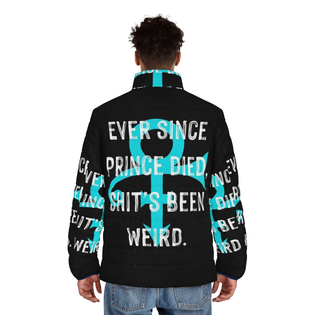 The Artist Music Quote Puffer Jacket featuring a stylish design and musical quotes - men back