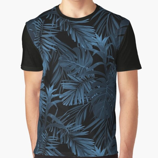 Tropical indigo dark graphic t-shirt with floral and leaf patterns