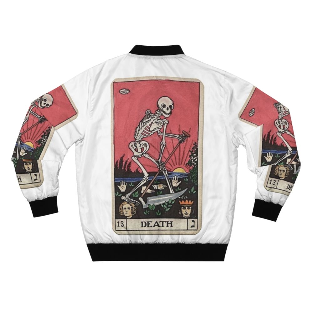 A vintage-inspired bomber jacket featuring the Death tarot card design, perfect for a spooky, occult, or supernatural aesthetic. - Back