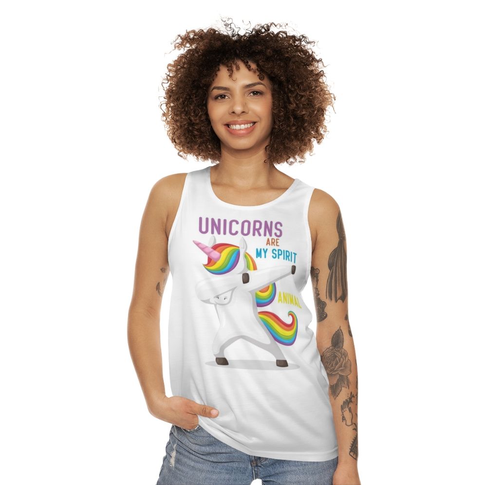 Unicorn tank top with 'Unicorns Are My Spirit Animal' graphic - women