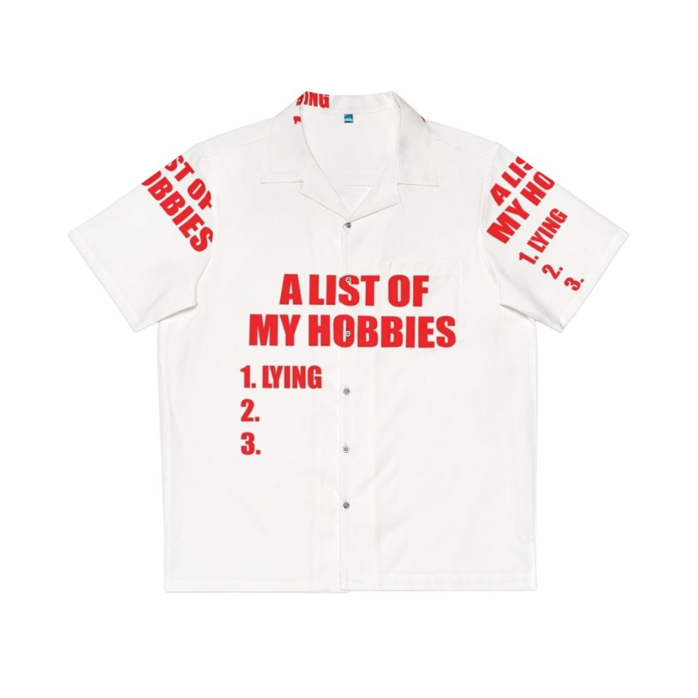 A vibrant Hawaiian shirt featuring a printed list of hobbies