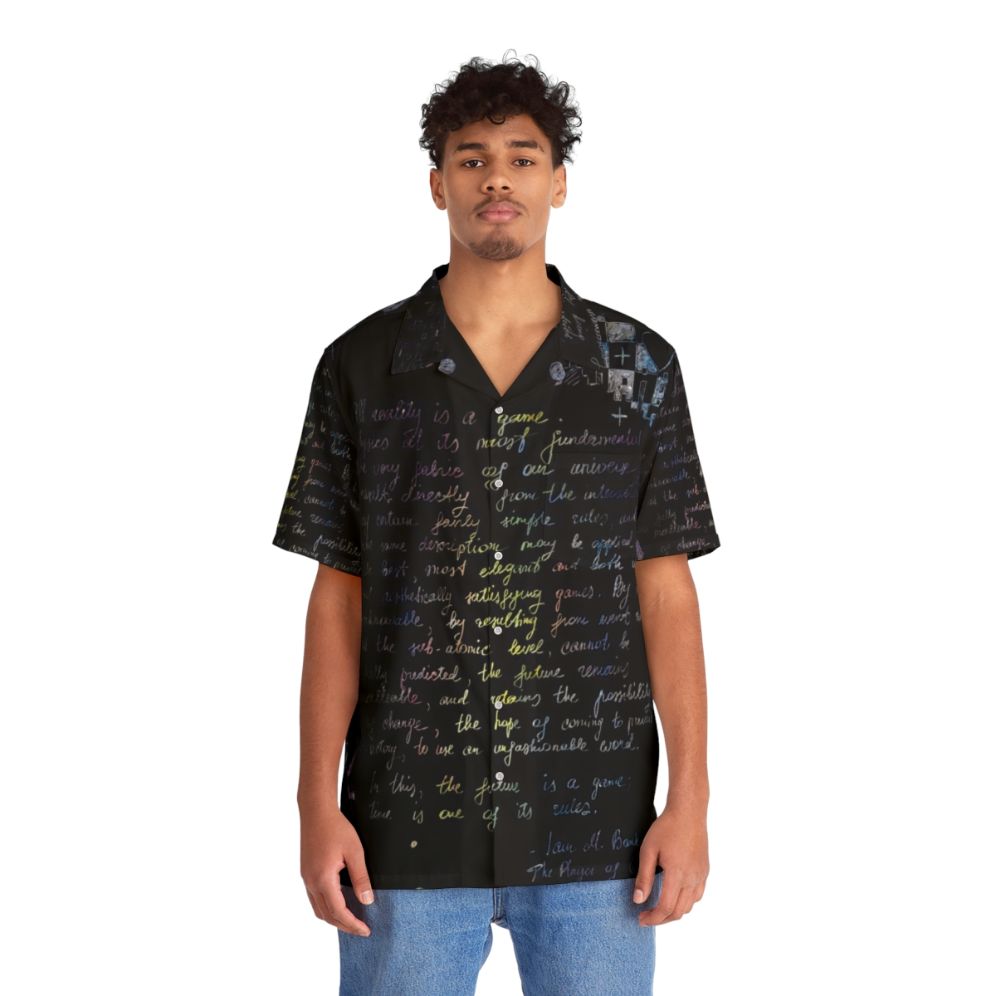 The Player of Games' sci-fi inspired Hawaiian shirt with chess board and handwritten design - People Front