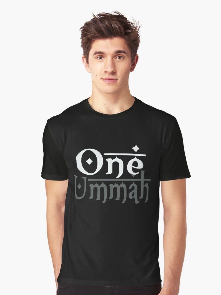 Muslim unity t-shirt with "One Ummah" graphic and night sky design - Men