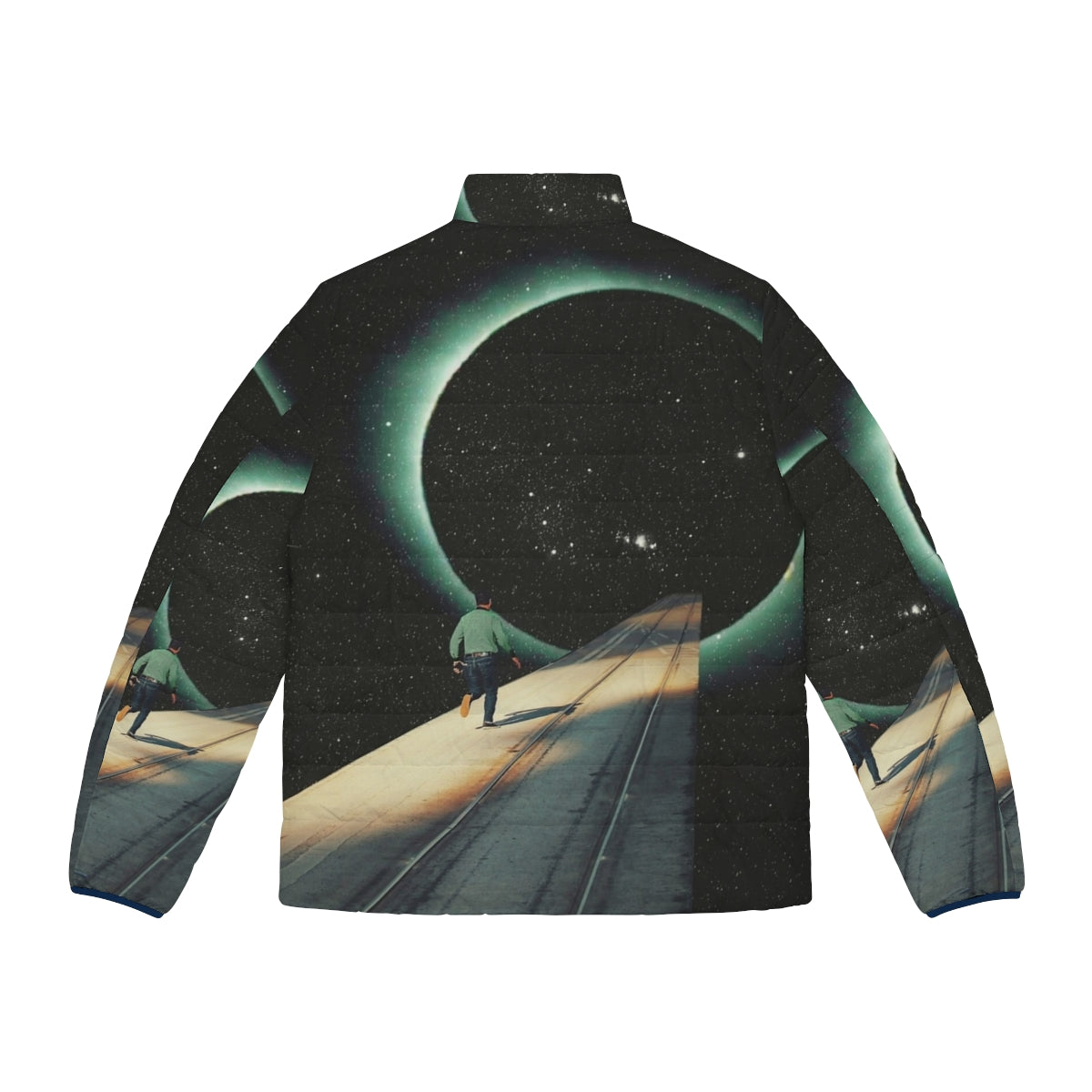 Puffer jacket with digital collage of space, planets, and a lone figure on a cosmic journey - Back