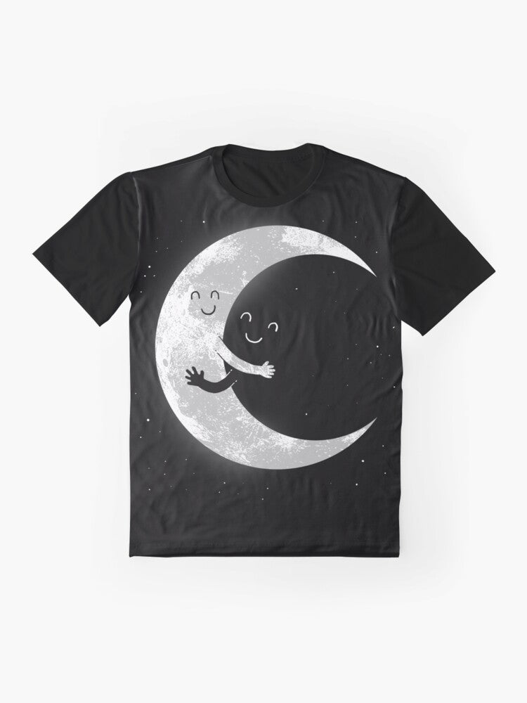 A black and white graphic t-shirt featuring a cute smiley moon design for space and astronomy enthusiasts. - Flat lay