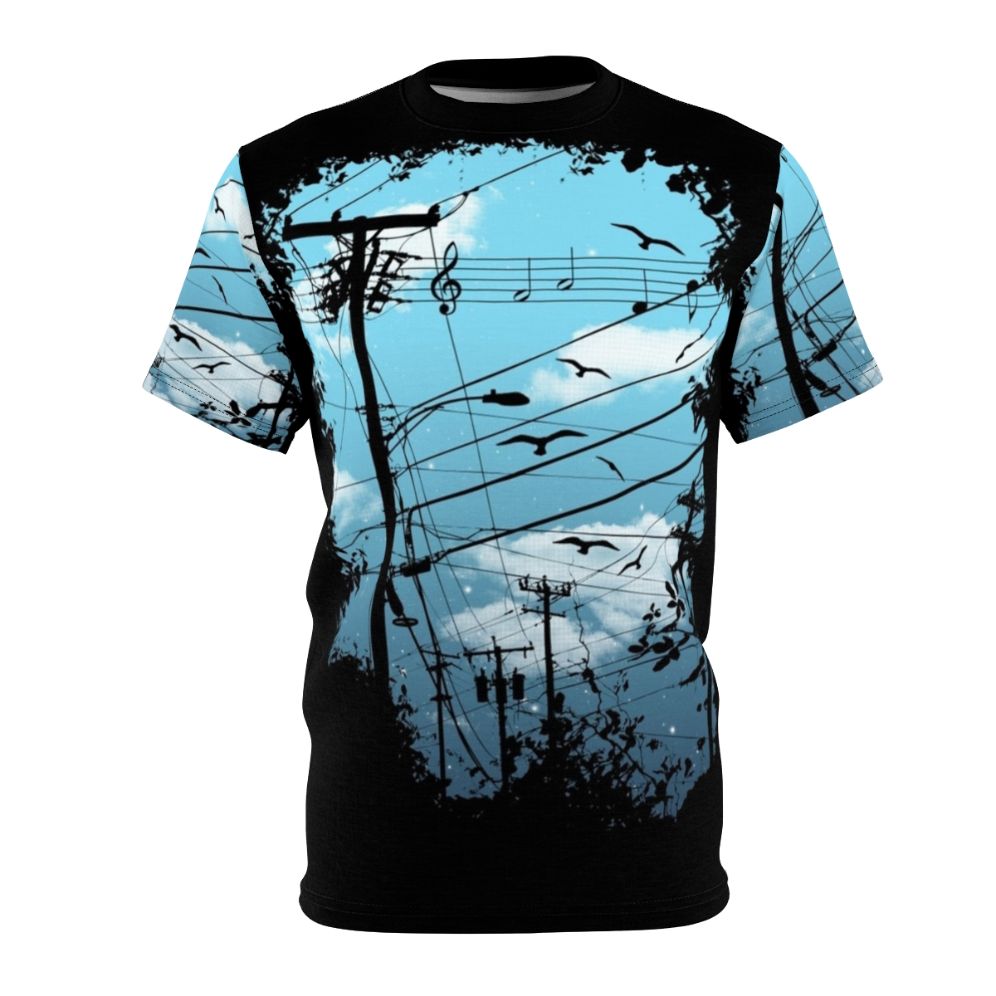 Captivating city music t-shirt featuring a design with birds, clouds, and stars against a black and blue background