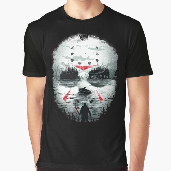 Friday the 13th horror movie graphic t-shirt featuring Jason Voorhees illustration