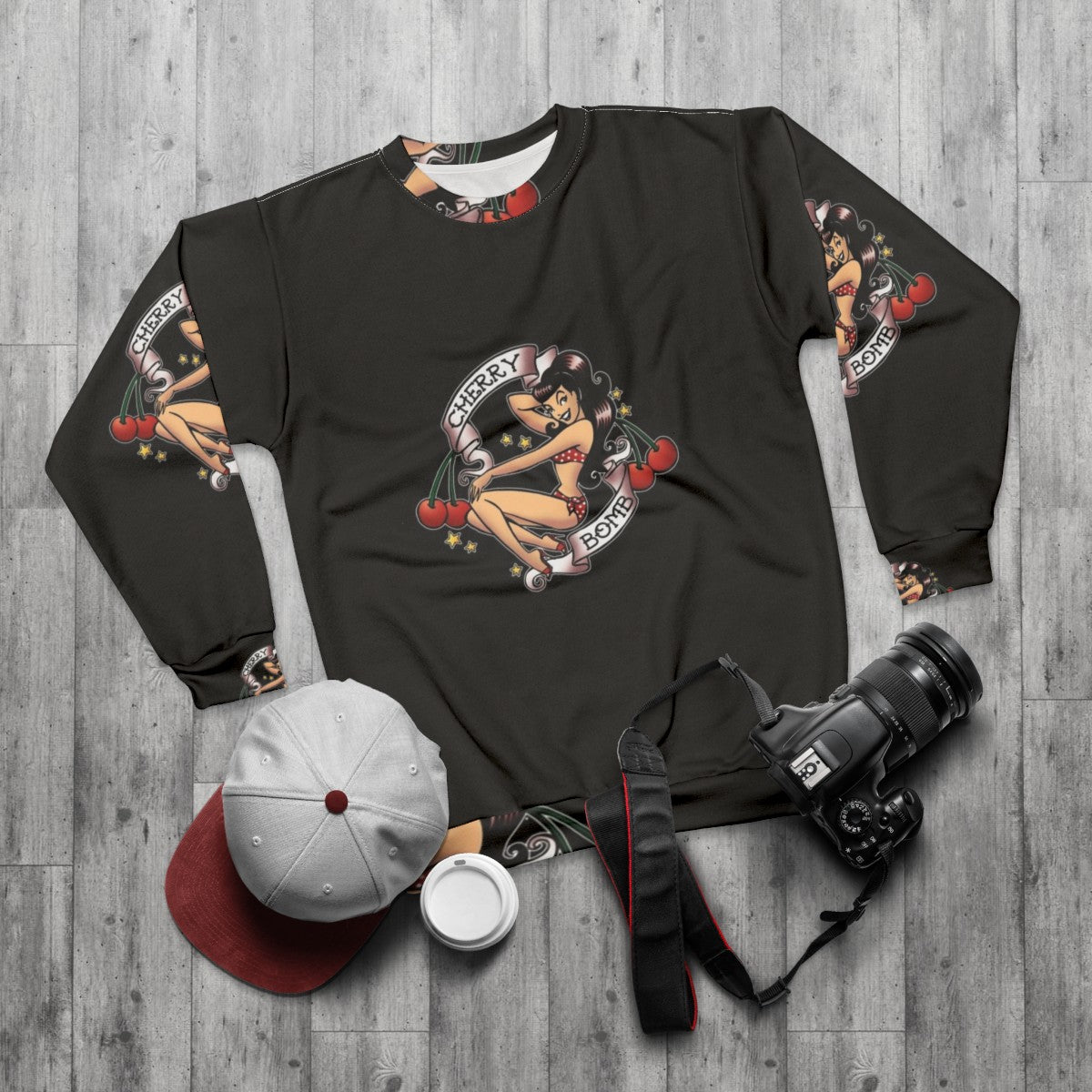 Rockabilly Cherry Bomb Retro Pinup Sweatshirt - flat lay