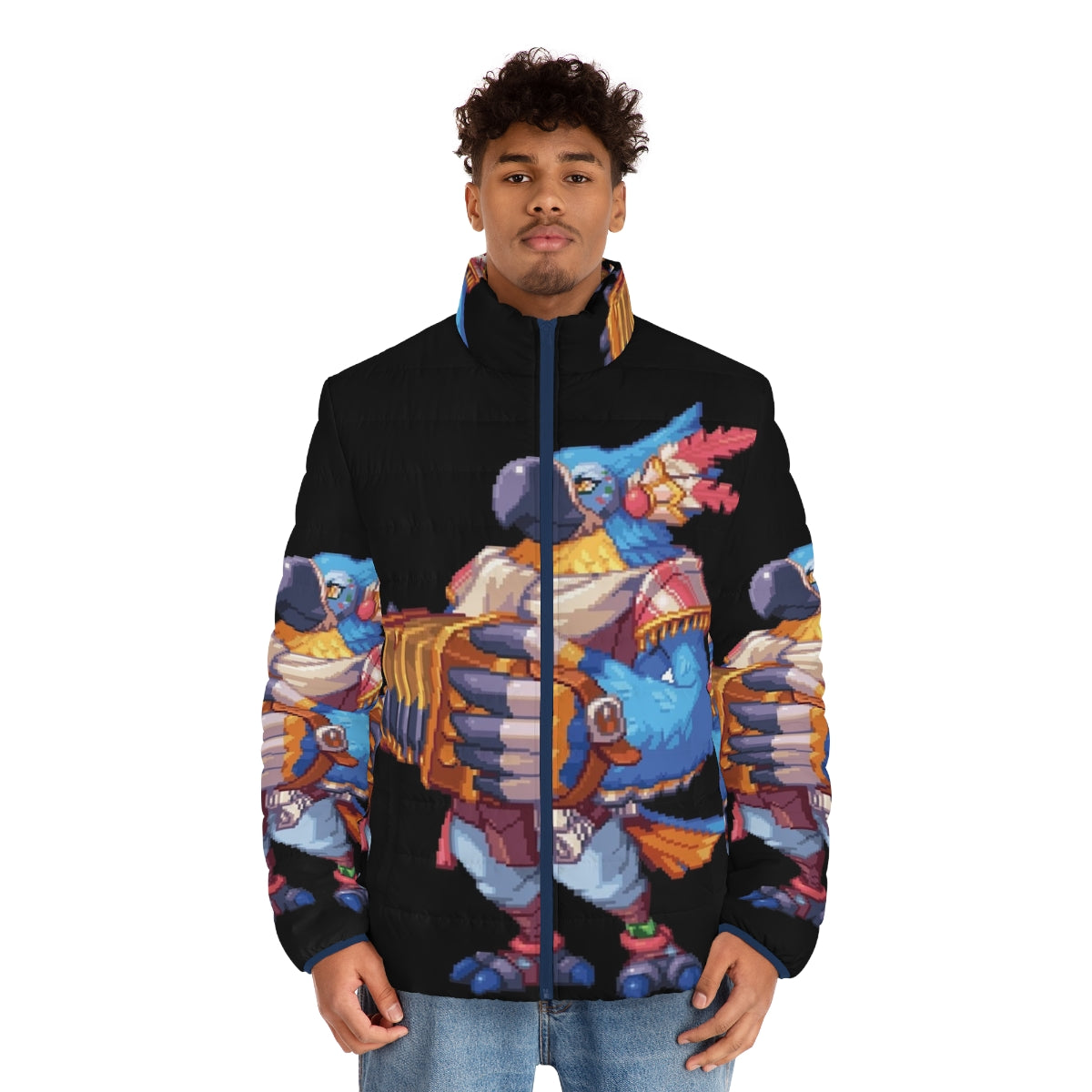 Pixel Kass puffer jacket featuring a blue bird design inspired by the popular video game character - men front